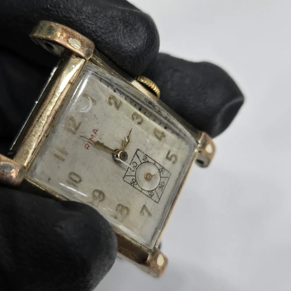 Vtg RIMA 17 Jewels Tank Style Wristwatch Swiss‎ Movement 10k R.G.P. Bezel Works